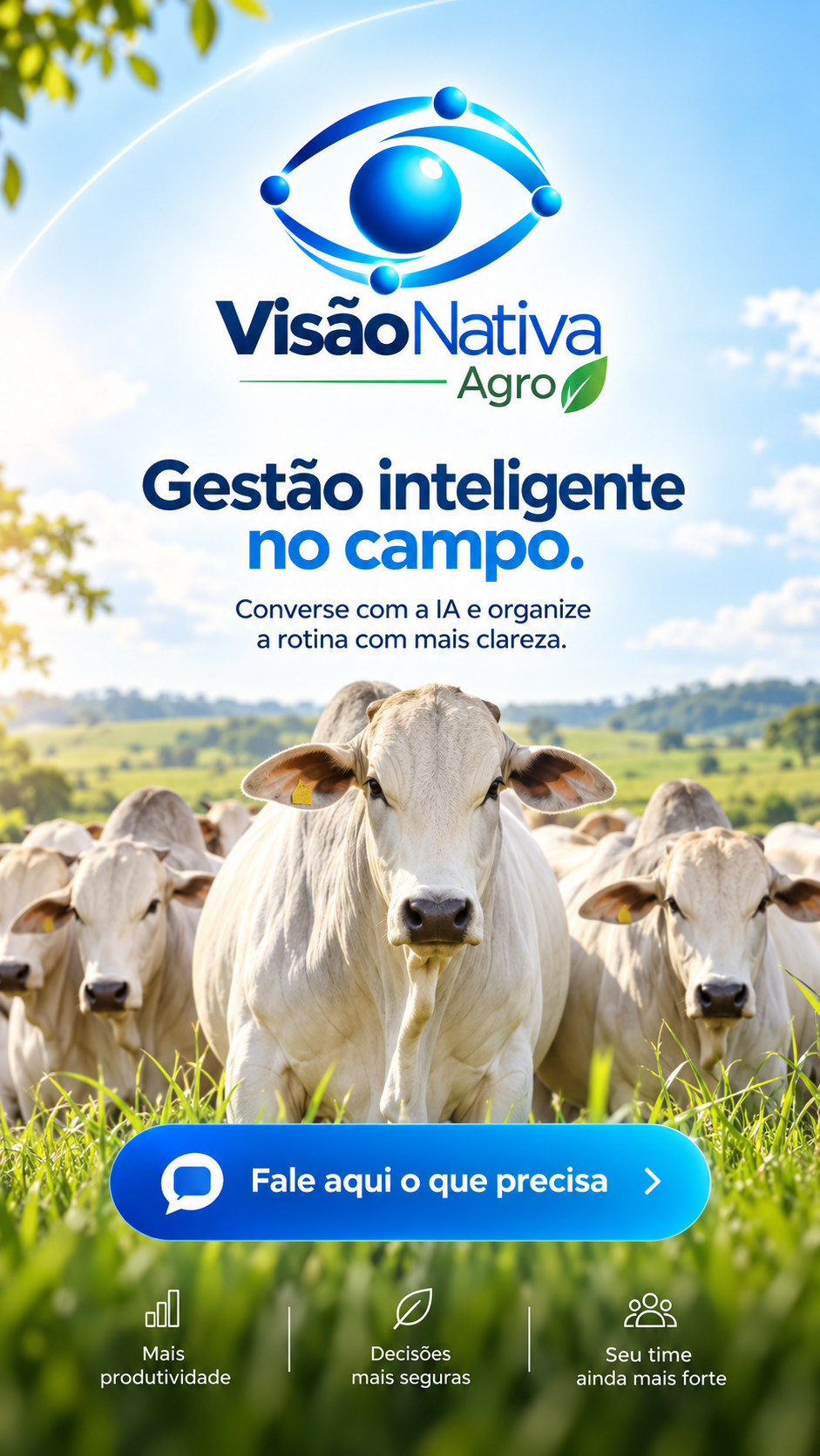 Tela conceitual do Visão Nativa Agro no celular, com animais Nelore e botão Fale aqui o que precisa.